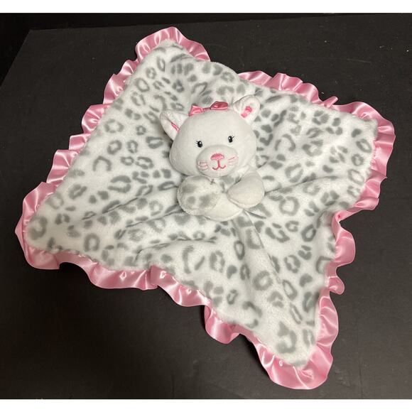 Okie Dokie Cat Leopard Plush Pink Grey Satin Ruffle Baby Security Lovey Blanket - Picture 1 of 4